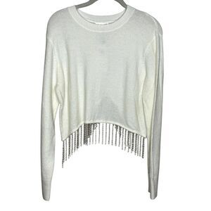 Line & Dot Sweater Womens Small White Beaded Fringe Hem Crewneck Cropped LT4434L